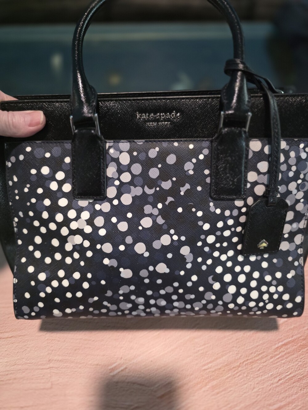 New kate spade navy and white polka dot satchel